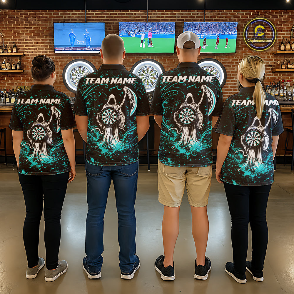 Black & Teal Splatter Grim Reaper Hold Dartboard Dart Shirts For Women Custom Dart Team Shirts NYN3954