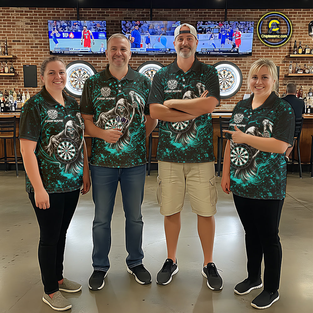 Black & Teal Splatter Grim Reaper Hold Dartboard Dart Shirts For Women Custom Dart Team Shirts NYN3954