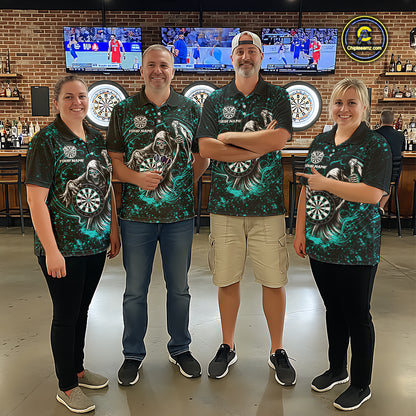 Black & Teal Splatter Grim Reaper Hold Dartboard Dart Shirts For Women Custom Dart Team Shirts NYN3954