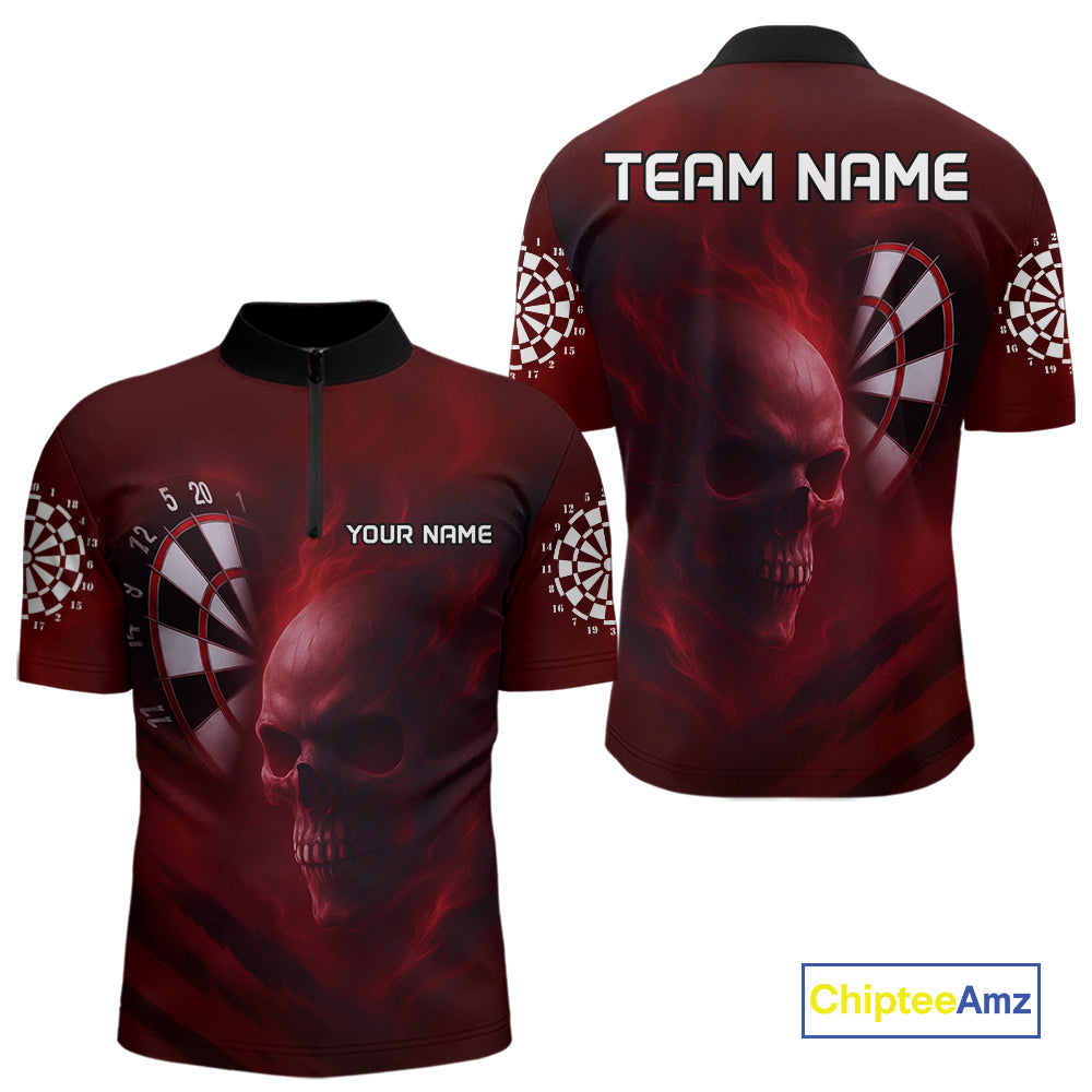 Custom Red Smokes Skull Dartboard Dart Men 1/4-Zip Shirt Outfits Dart Jerseys NYN1566