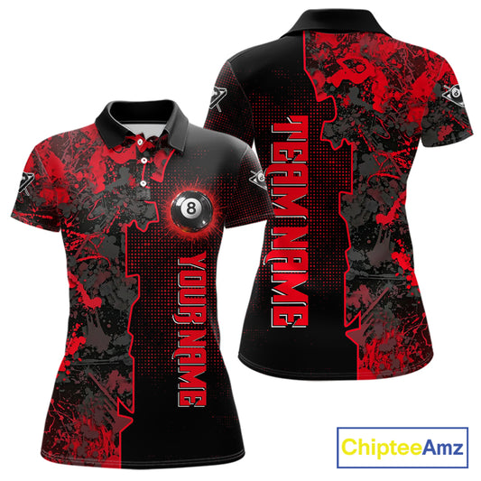 Red Grunge Splatter 8 Ball Pool Women Billiard Polo & 1/4-Zip Shirt Personalized Billiard Gifts NYN2391