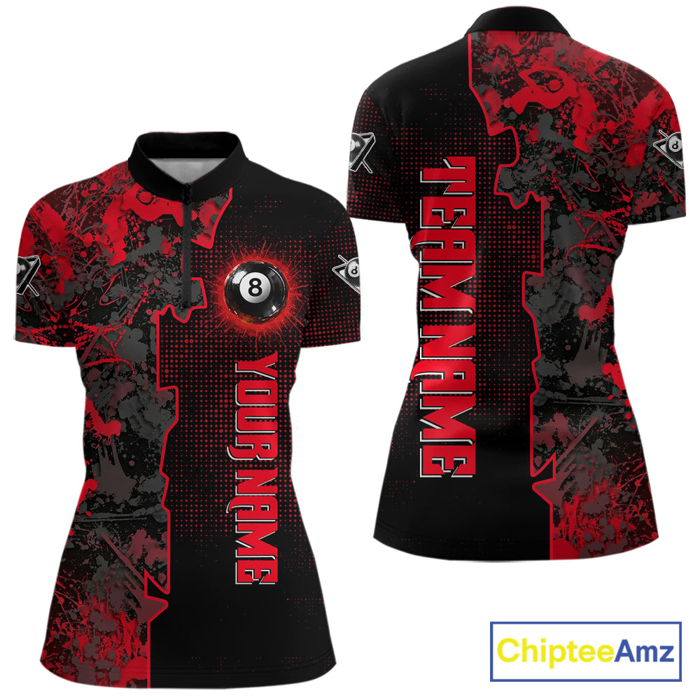 Red Grunge Splatter 8 Ball Pool Women Billiard Polo & 1/4-Zip Shirt Personalized Billiard Gifts NYN2391