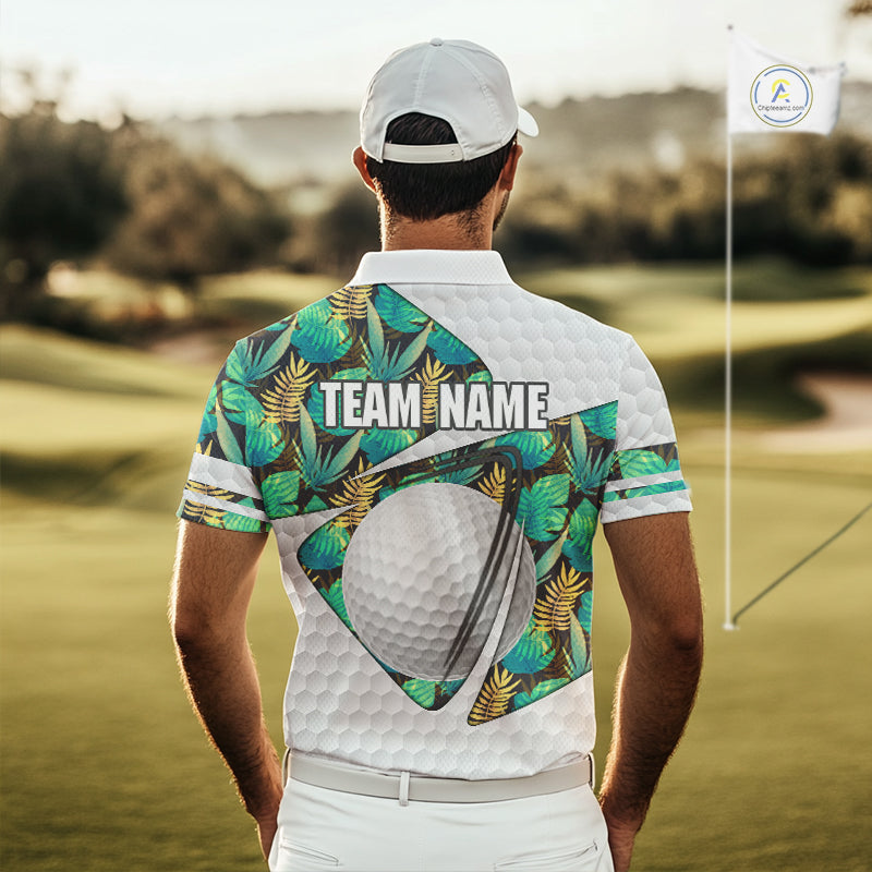 Custom Name Green Tropical Pattern Golf Mens Polo Shirt, Best White Ball Golf Clothing For Mens NYN2992