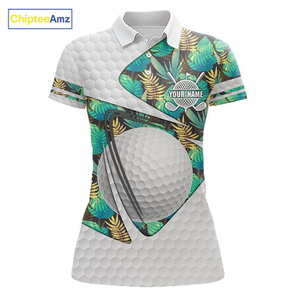 Custom Name Green Tropical Pattern Golf Women Polo Shirt, Best White Ball Golf Clothing For Women NYN2992