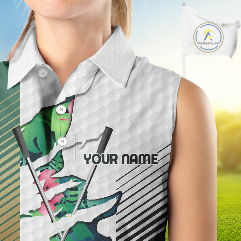 Womens Tropical Golf Shirts Monstera Pattern Golf Clothing Custom Green Golf Sleeveless Polo, Golf Upf Shirts NYN2996