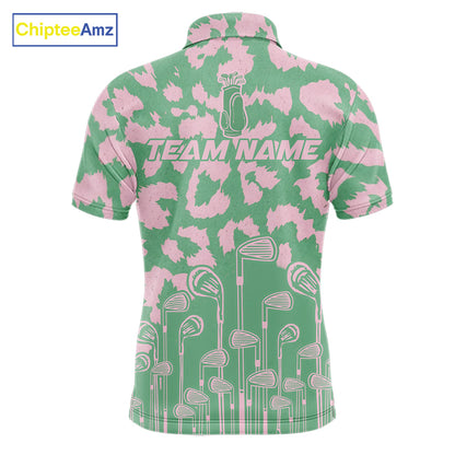 Mens Leopard Pattern Golf Polo Shirts Custom Green Pink Golf Clubs Pattern Attire, Golf Upf Shirts NYN3000