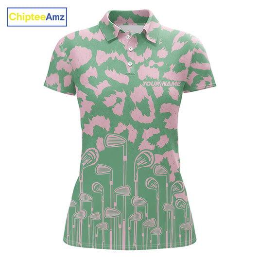 Womens Leopard Pattern Golf Polo Shirts Custom Green Pink Golf Clubs Pattern Attire, Golf Upf Shirts NYN3000