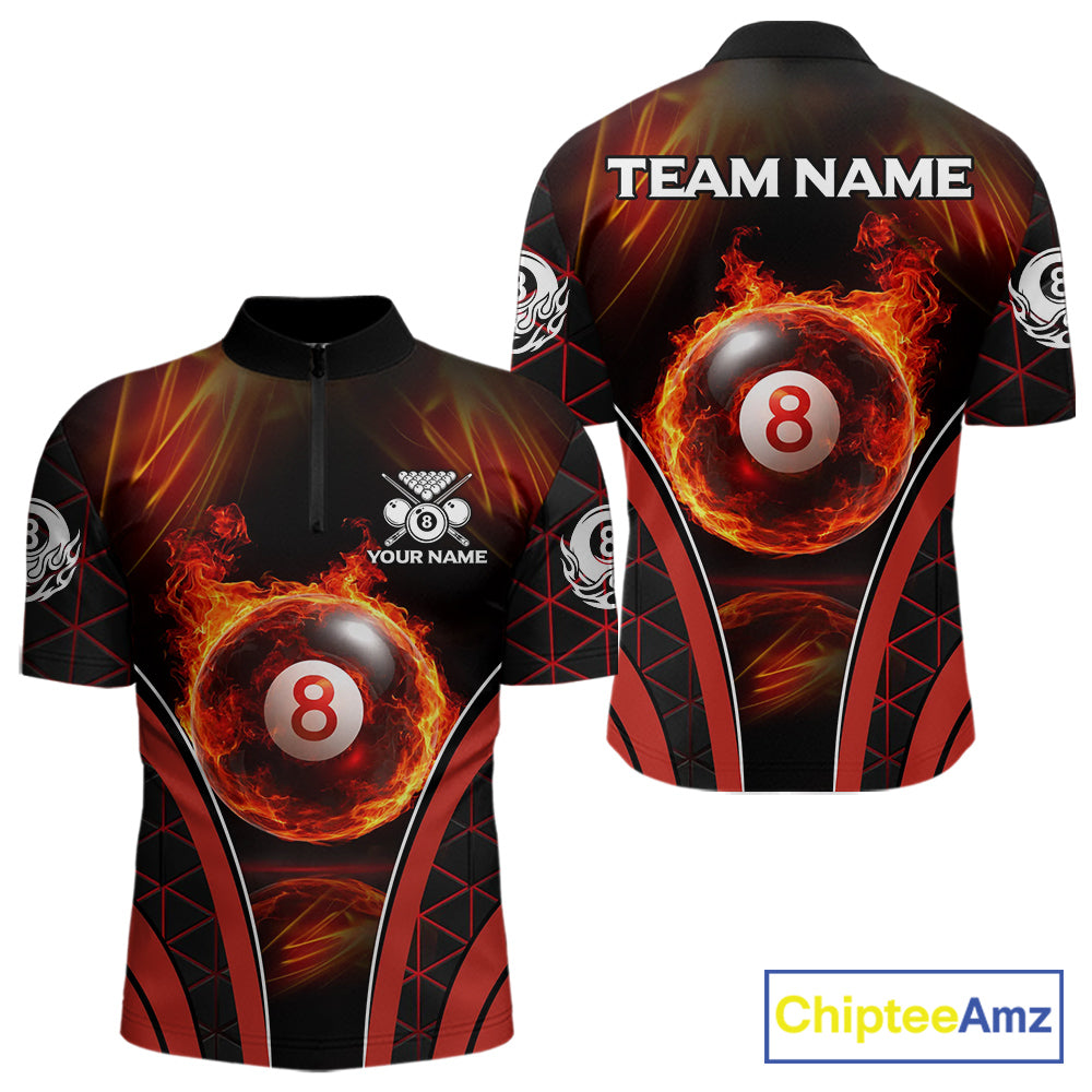 Red Flames Pool 8 Ball Men Billiard Polo & 1/4-Zip Shirts Custom Billiard Team Shirt Designs NYN2404