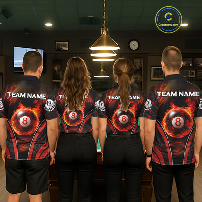 Red Flames Pool 8 Ball Women Billiard Polo & 1/4-Zip Shirts Custom Billiard Team Shirt Designs NYN2404