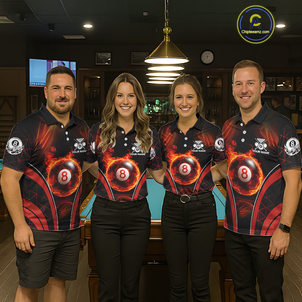 Red Flames Pool 8 Ball Women Billiard Polo & 1/4-Zip Shirts Custom Billiard Team Shirt Designs NYN2404