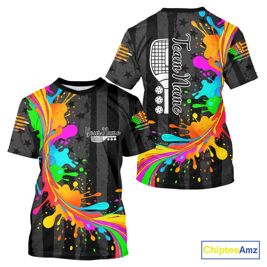 Personalized US Flag Colorful Splashed Pickleball T-Shirt For Men, Patriotic Pickleball Gifts NYN2786