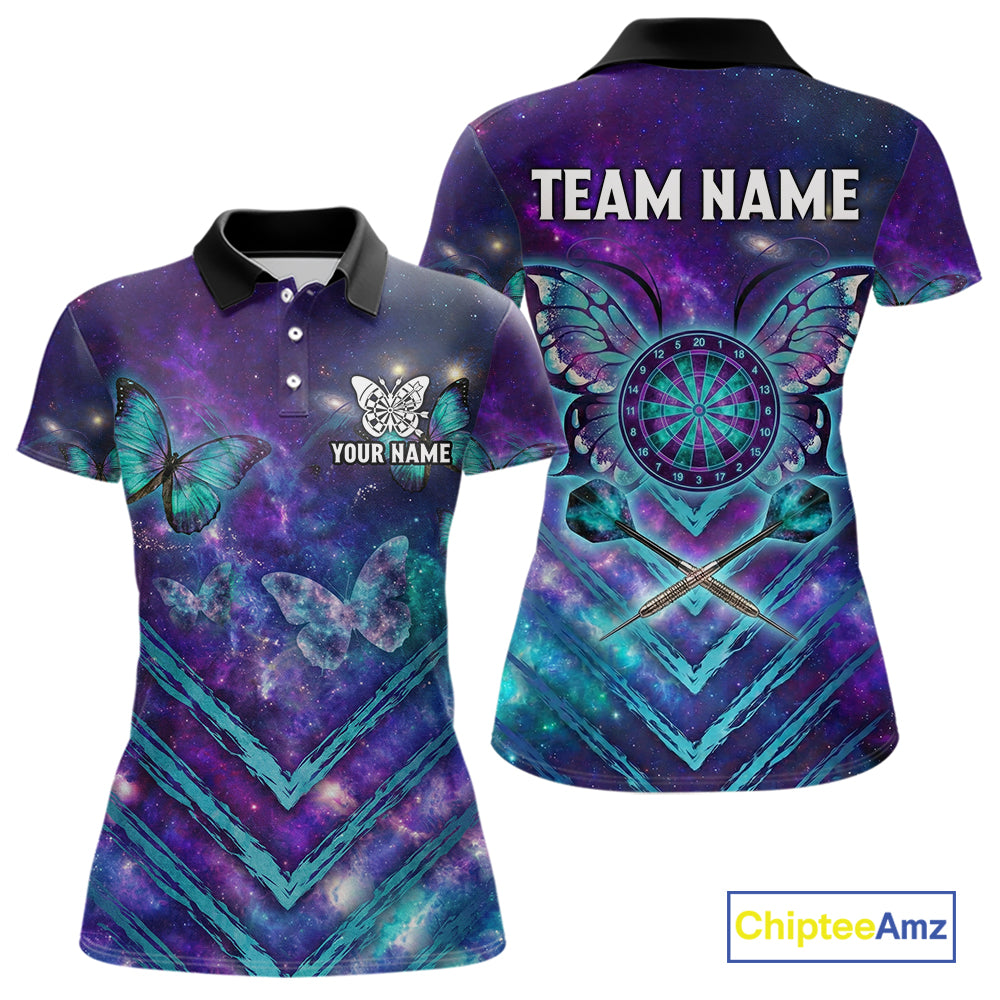 Blue Purple Galaxy Darts Polo & 1/4-Zip Shirt For Women Personalized Butterfly Dart Team Appeal NYN3010