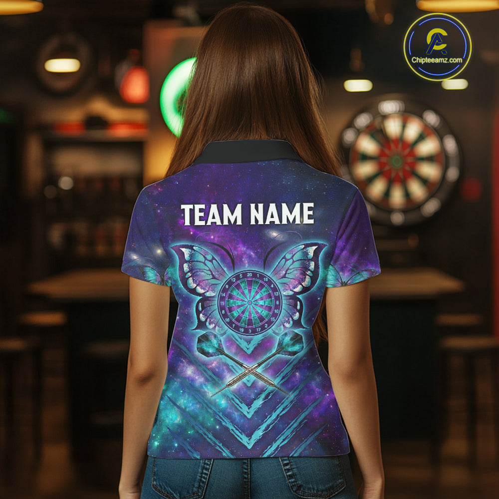 Blue Purple Galaxy Darts Polo & 1/4-Zip Shirt For Women Personalized Butterfly Dart Team Appeal NYN3010