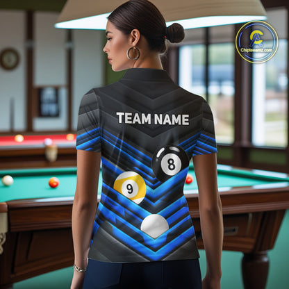 Female model wearing Black Blue pool polo jersey, personalized billiard apparel, cue sports tournament clothing, league team outfit