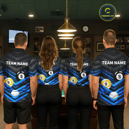 Black Blue matching billiard tournament jerseys for pool teams, custom 8 Ball 9 Ball uniforms, cue sports apparel for championship
