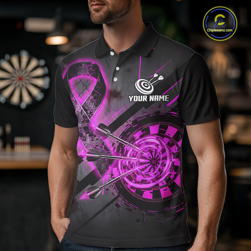 Male model wearing Pink Ribbon darts polo supporting Breast Cancer Awareness, custom charity tournament jersey, personalized darts league apparel, community fundraising uniform