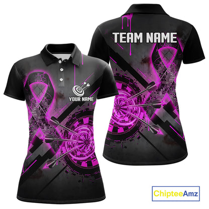 Lightning Pink Ribbon women's darts polo featuring dartboard artwork, Breast Cancer Awareness ribbon, custom darts team jersey, charity tournament apparel, inspirational league uniform, personalized awareness sports shirt