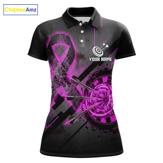 Lightning Pink Ribbon women's darts polo featuring dartboard artwork, Breast Cancer Awareness ribbon, custom darts team jersey, charity tournament apparel, inspirational league uniform, personalized awareness sports shirt