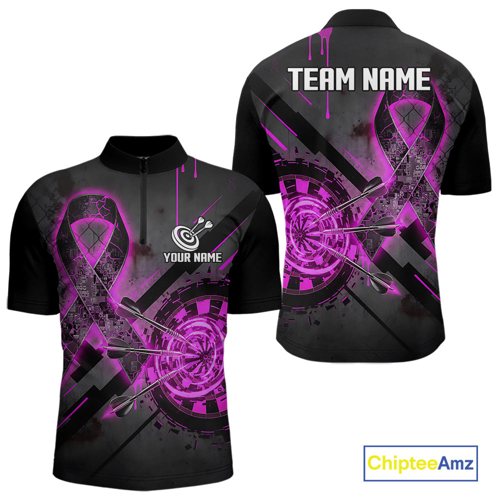Lightning Pink Ribbon men's quarter-zip darts shirt featuring awareness ribbon, custom dart tournament jersey, fundraising event apparel, personalized league uniform, inspirational sportswear