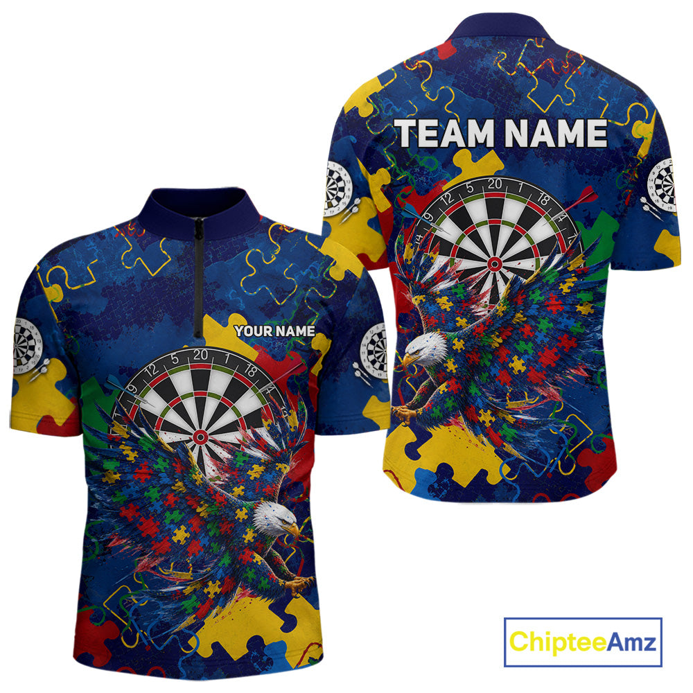 Men's Eagle Puzzle Pieces quarter-zip darts shirt with personalized player name, dart league apparel, puzzle graphic performance uniform