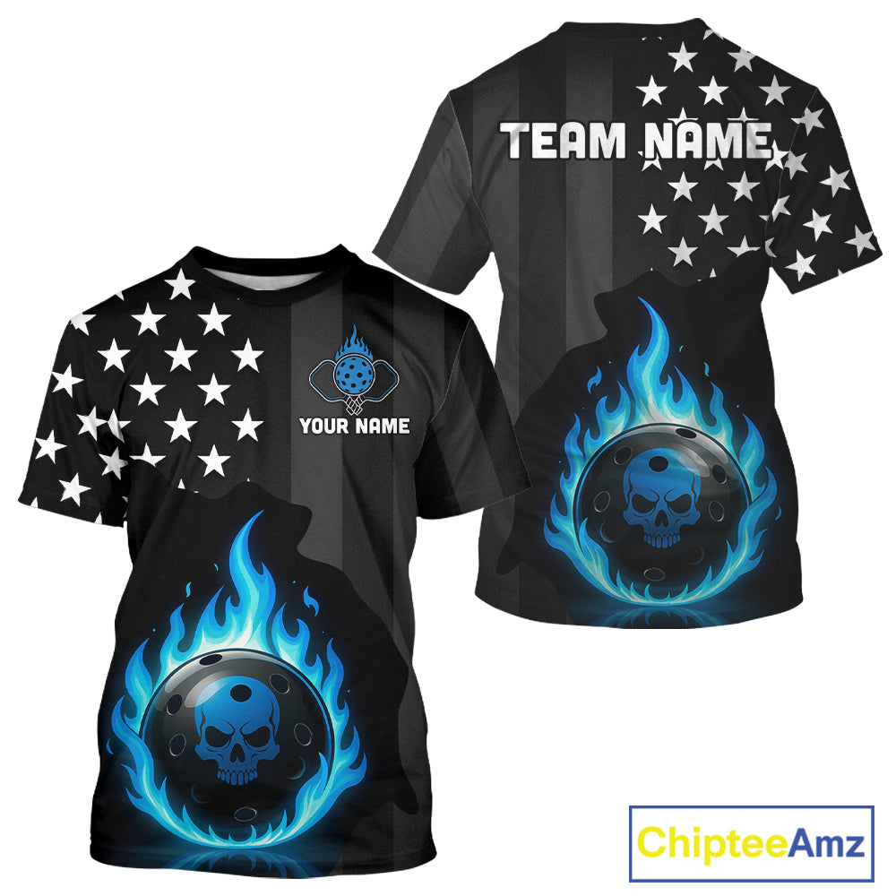 Custom Blue Flames Pickleball Ball 3D League Jerseys Men Pickleball US Flag Team Shirts NYN2146