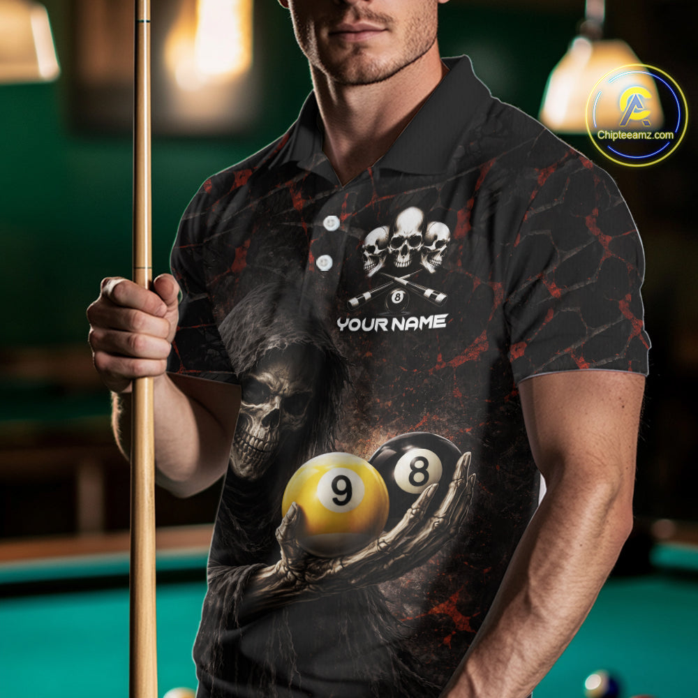 Red Grunge Grim Reaper Hold 8 Ball & 9 Ball Pool Men Billiard Shirt Custom Billiard Team Attire NYN2639