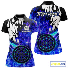 Load image into Gallery viewer, Custom Blue Flaming Dartboard Darts Polo &amp; 1/4-Zip Shirts For Women Fire Dart Team Jerseys NYN2804