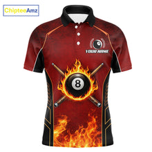 Load image into Gallery viewer, Red Billiard 8 Ball Cue Shirts For Men Custom Fire Flame Pool Team Billiard Polo &amp; 1/4 Zip Jerseys NYN3016