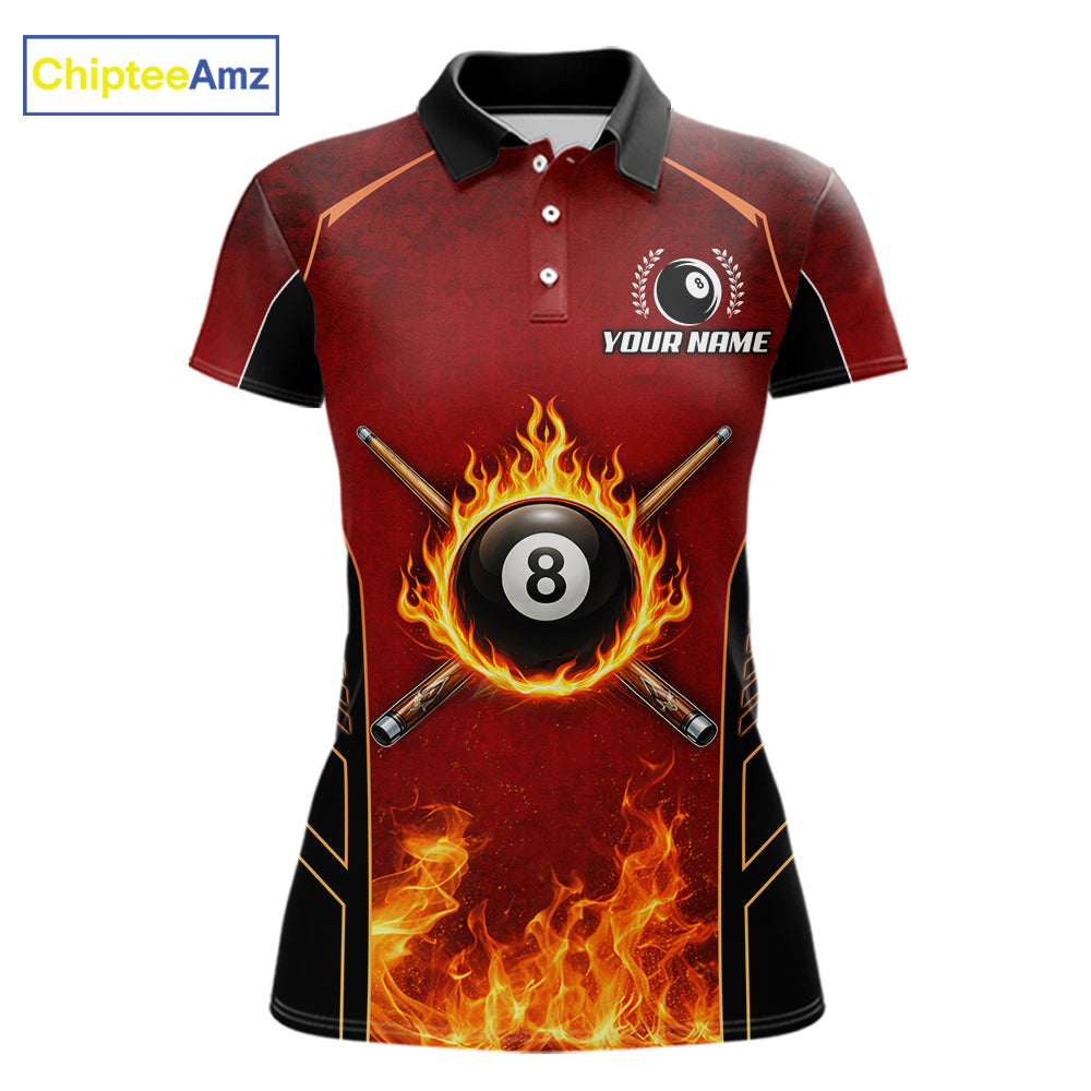 Red Billiard 8 Ball Cue Shirts For Women Custom Fire Flame Pool Team Billiard Polo & 1/4 Zip Jerseys NYN3016