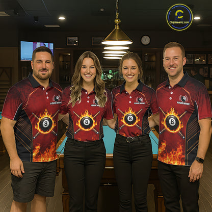 Red Billiard 8 Ball Cue Shirts For Women Custom Fire Flame Pool Team Billiard Polo & 1/4 Zip Jerseys NYN3016