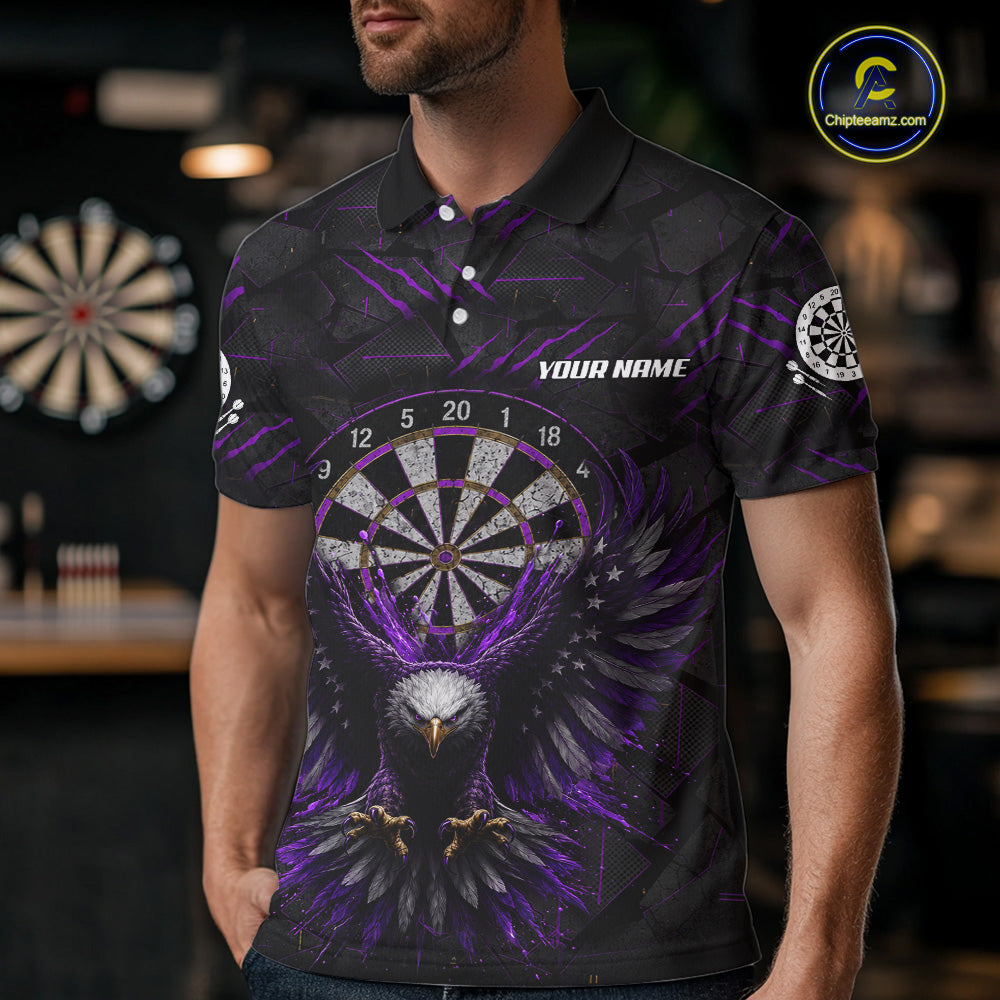 Male model wearing Purple Grunge Eagle Darts Polo, Custom Tournament Jersey, Personalized Dart Team Uniform