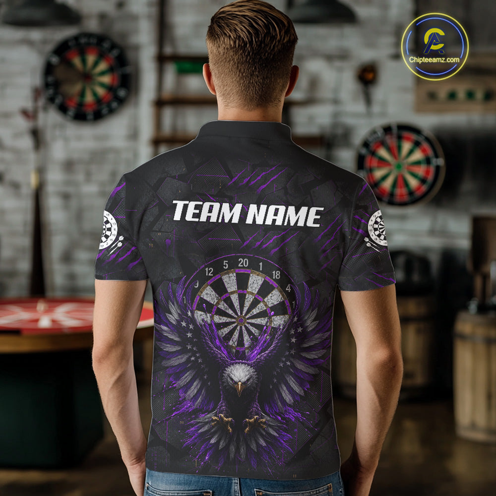 Male model wearing Purple Grunge Eagle Darts Polo, Custom Tournament Jersey, Personalized Dart Team Uniform
