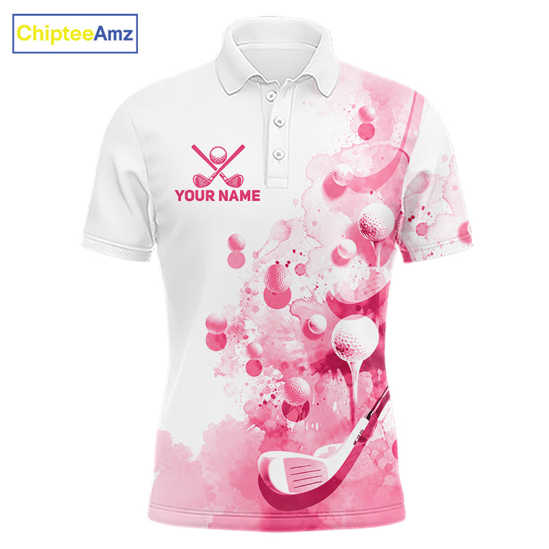 Pink Splatter Golf Ball & Clubs Team Apparel Mens Polo Shirts Custom Golf Shirt For Men NYN3996