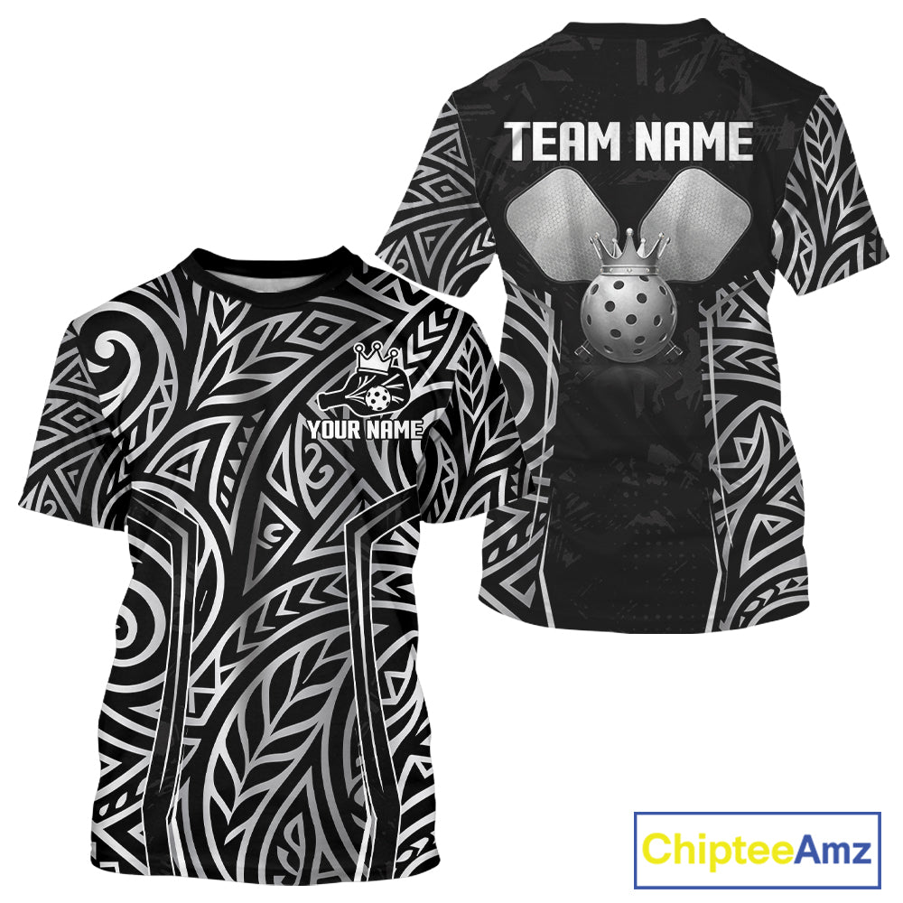 Custom Silver Tribal Pickleball Jerseys Men Silver Crown Pickleball Paddle Ball 3D Shirts NYN2159