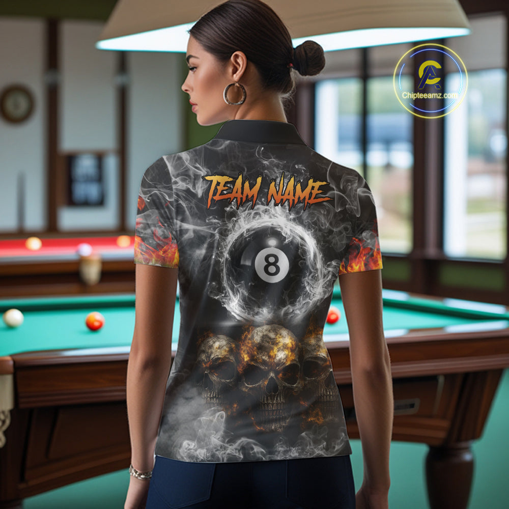 Fire Flame Skull Balls Billiard Shirt For Women Custom Smoke Ball 8 Pool Billiard Team Shirts NYN2414
