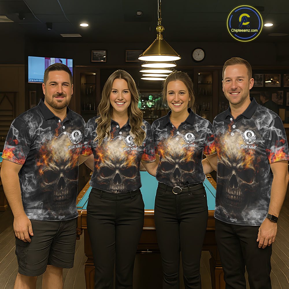 Fire Flame Skull Balls Billiard Shirt For Men Custom Smoke Ball 8 Pool Billiard Team Shirts NYN2414