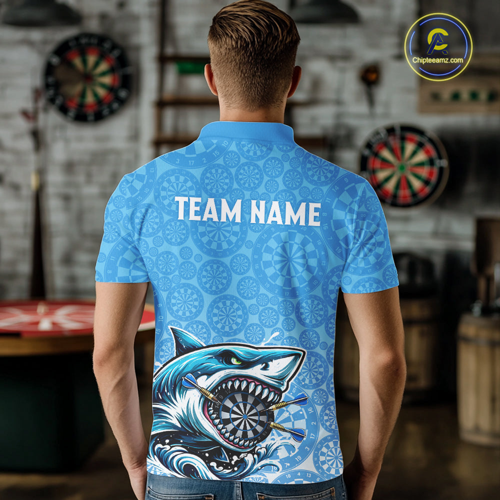 Blue Ferocious Shark Dartboard & Arrow Men Darts Polo Shirt Custom Funny Dart League Shirt NYN2647