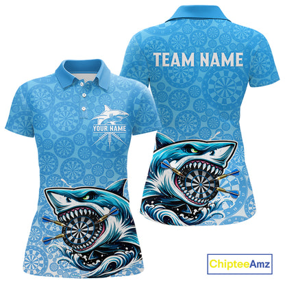 Blue Ferocious Shark Dartboard & Arrow Women  Darts Polo Shirt Custom Funny Dart League Shirt NYN2647