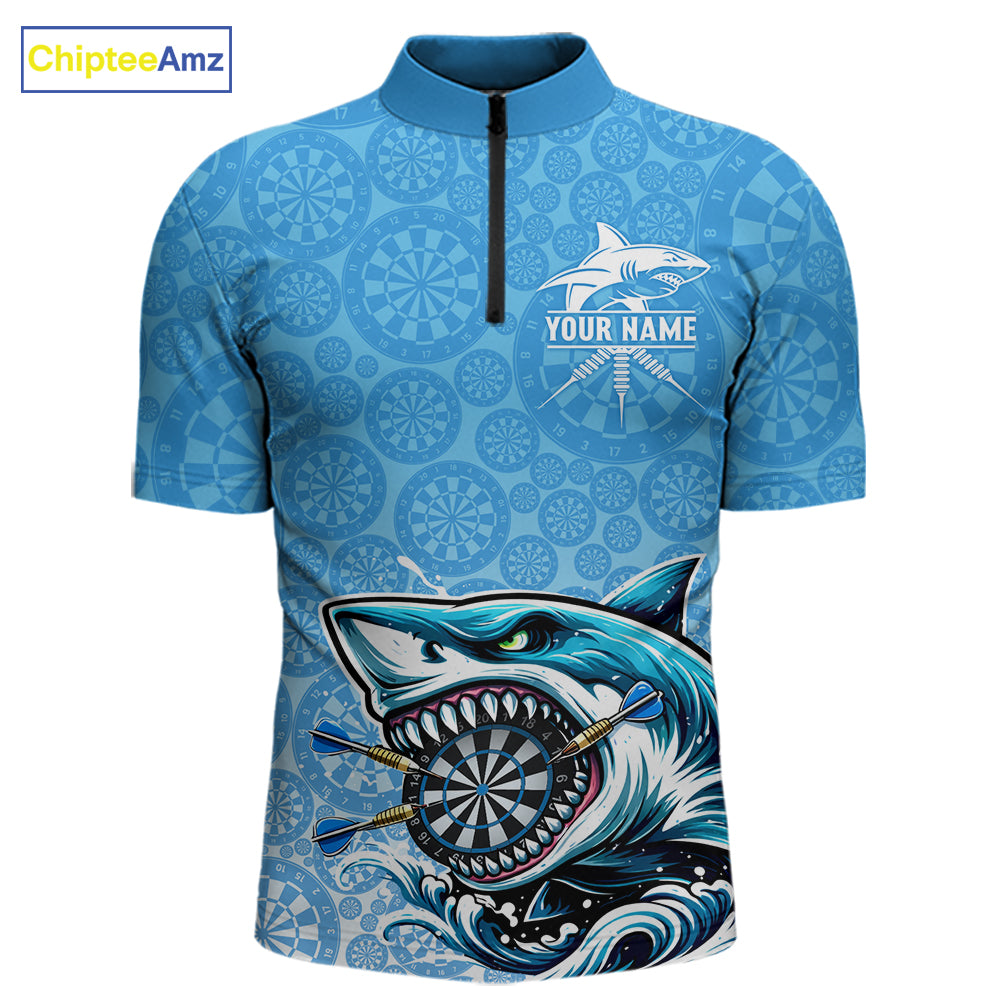 Blue Ferocious Shark Dartboard & Arrow Men Darts 1/4-Zip Shirt Custom Funny Dart League Shirt NYN2647