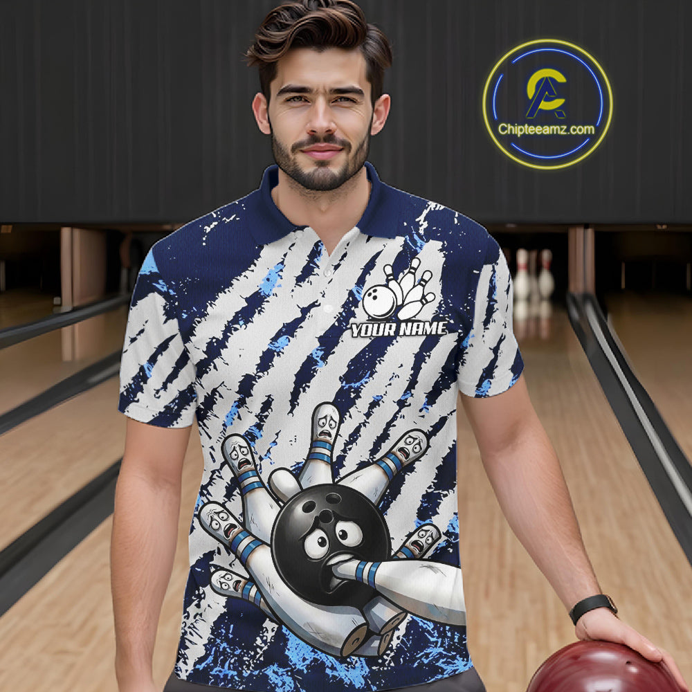 Blue And White Grunge Funny Bowling Ball & Pins Shirts Custom Team Bowling Jerseys For Men NYN3445