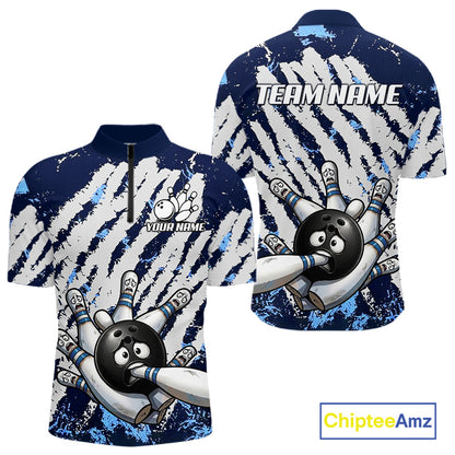 Blue and white grunge bowling ball and pins shirt for men custom bowling team jersey
