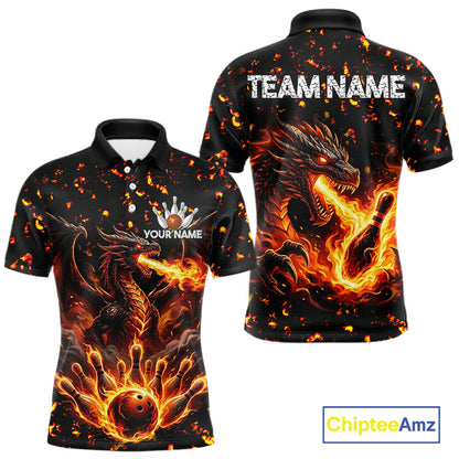 Fire flame dragon bowling polo quarter zip shirt for men red bowling team jersey
