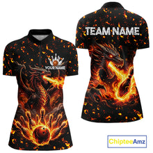 Load image into Gallery viewer, Fire flame dragon bowling polo quarter zip shirt for women red bowling team jersey