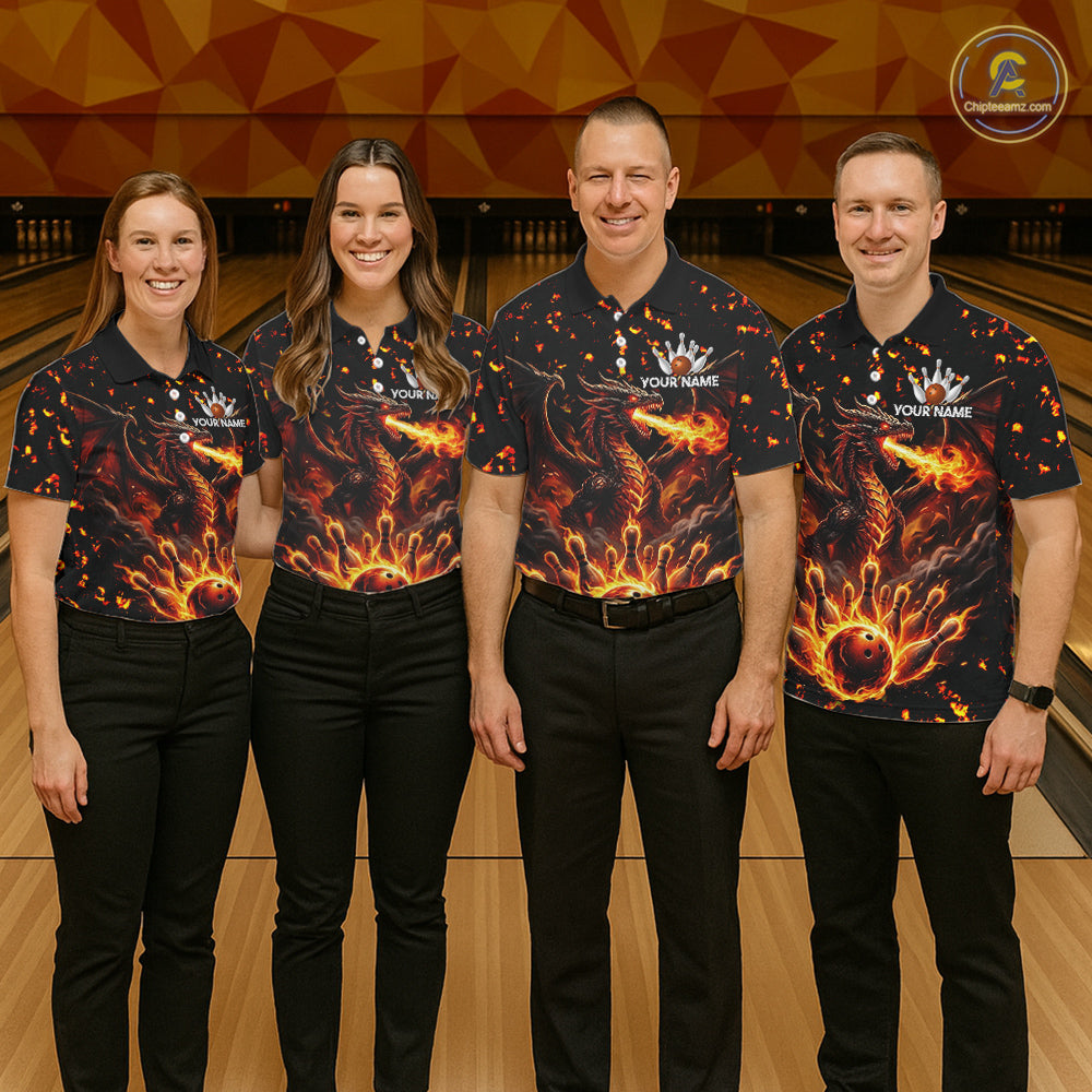 Fire Flame Dragon Bowling Polo Quarter Zip Shirts For Men Custom Team Bowling Jerseys | Red NYN3450