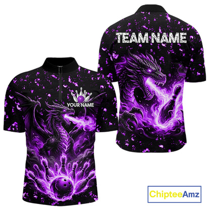 Fire flame dragon bowling polo quarter zip shirt for men purple bowling team jersey