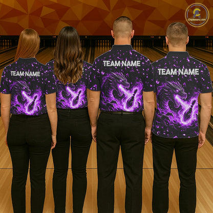Fire Flame Dragon Bowling Polo Quarter Zip Shirts For Women Custom Team Bowling Jerseys | Purple NYN3452