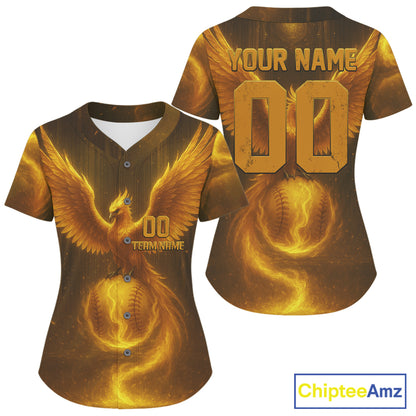 Custom Yellow Flames Phoenix Baseball Ball Jersey For Women Youth Baseball Team Shirt NYN0974