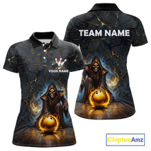 Load image into Gallery viewer, Flame Grim Reaper Custom Women Bowling Polo &amp; Quarter-Zip Shirts Gold Bowling Ball League Jerseys NYN3011