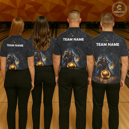 Flame Grim Reaper Custom Women Bowling Polo & Quarter-Zip Shirts Gold Bowling Ball League Jerseys NYN3011