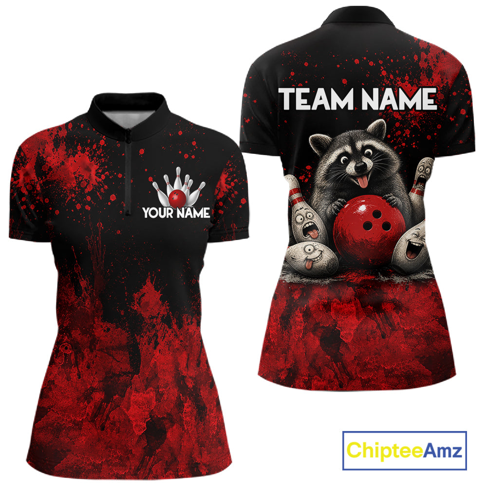 Red Splatter Cute Raccoon Women Bowling Shirts Custom Funny Bowling Pins Team Jerseys For Bowlers NYN3197